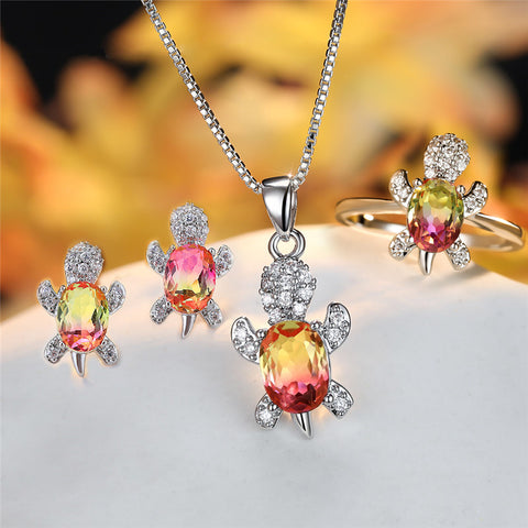 Fashion Oval Zircon Pendant Turtle Shape Necklaces With Rainbow Stone