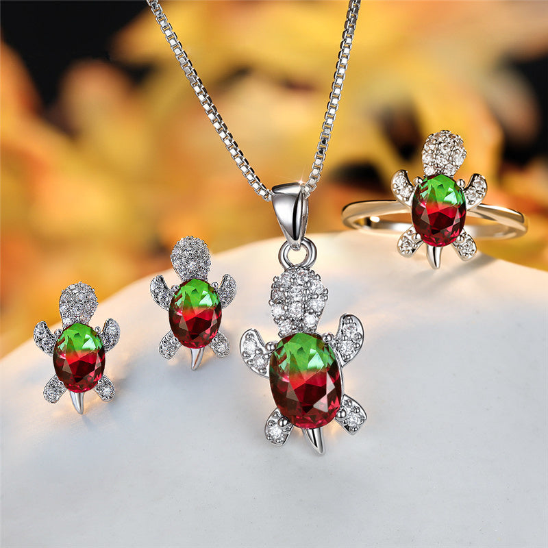 Fashion Oval Zircon Pendant Turtle Shape Necklaces With Rainbow Stone