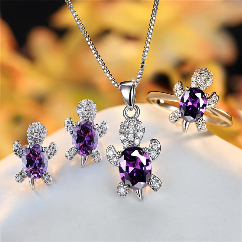 Fashion Oval Zircon Pendant Turtle Shape Necklaces With Rainbow Stone