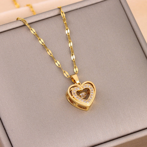Double-layer Love Necklace With Rhinestones Titanium Steel