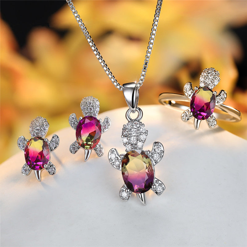 Fashion Oval Zircon Pendant Turtle Shape Necklaces With Rainbow Stone